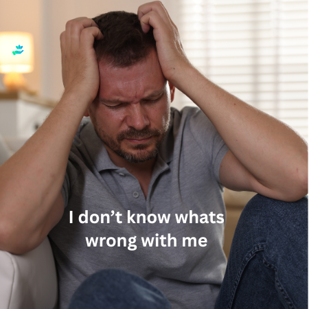 Person sitting with head in hands, with text: 'I don't know what's wrong with me.