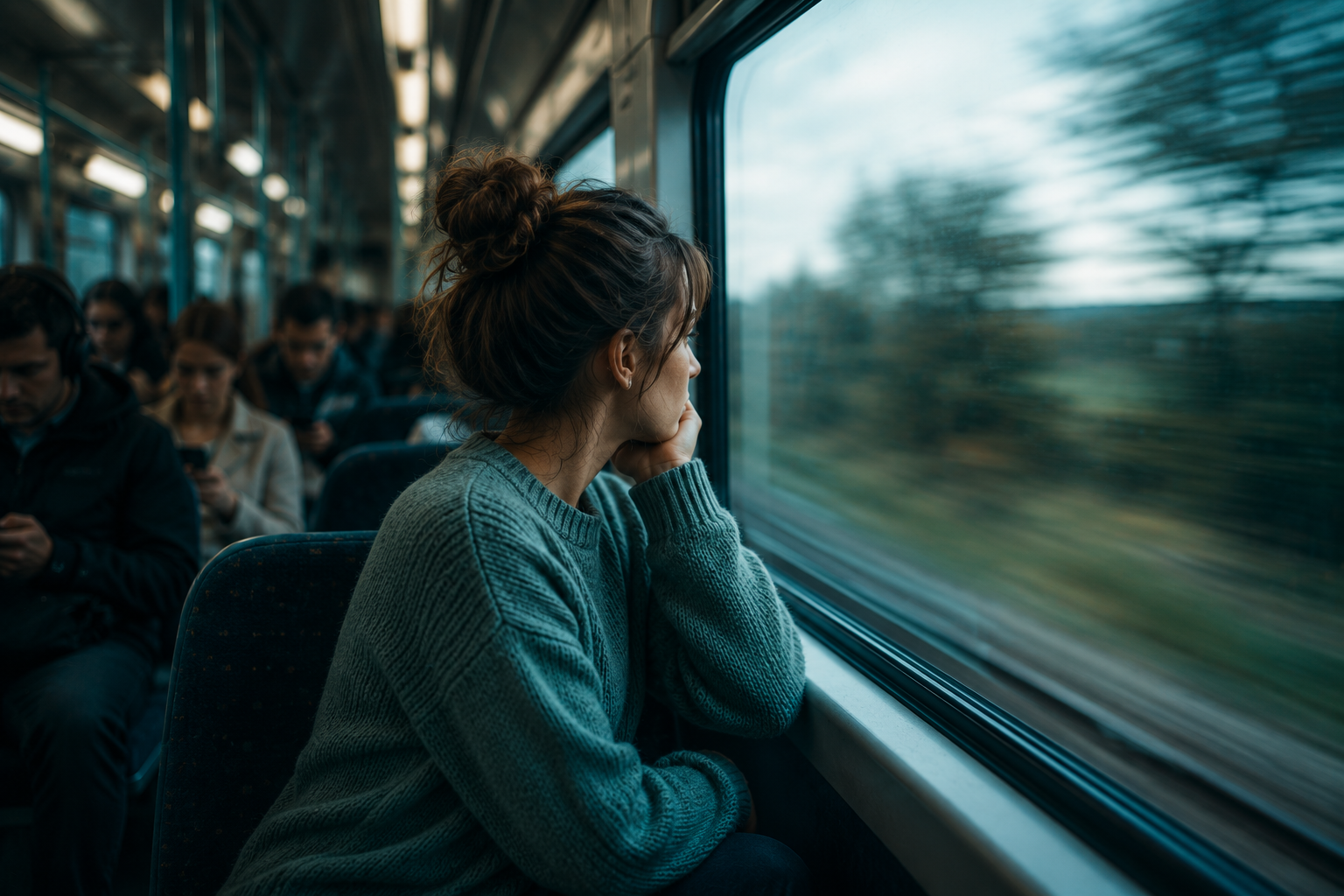 Person sitting at a table looking disengaged while others talk around them, reflecting emotional disconnection in social situations.